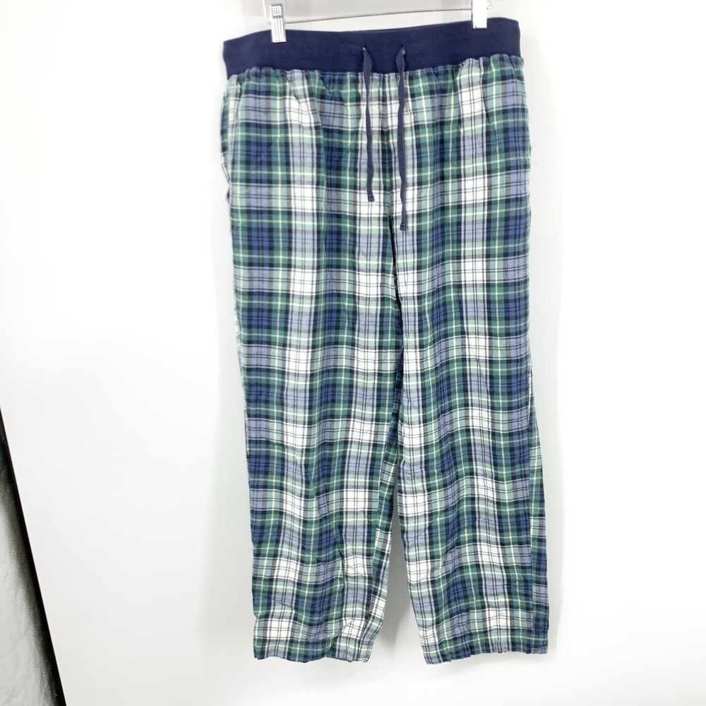 LL Bean Women Size Large Pants Blue Green Flannel Plaid Straight Leg Pajama PJs